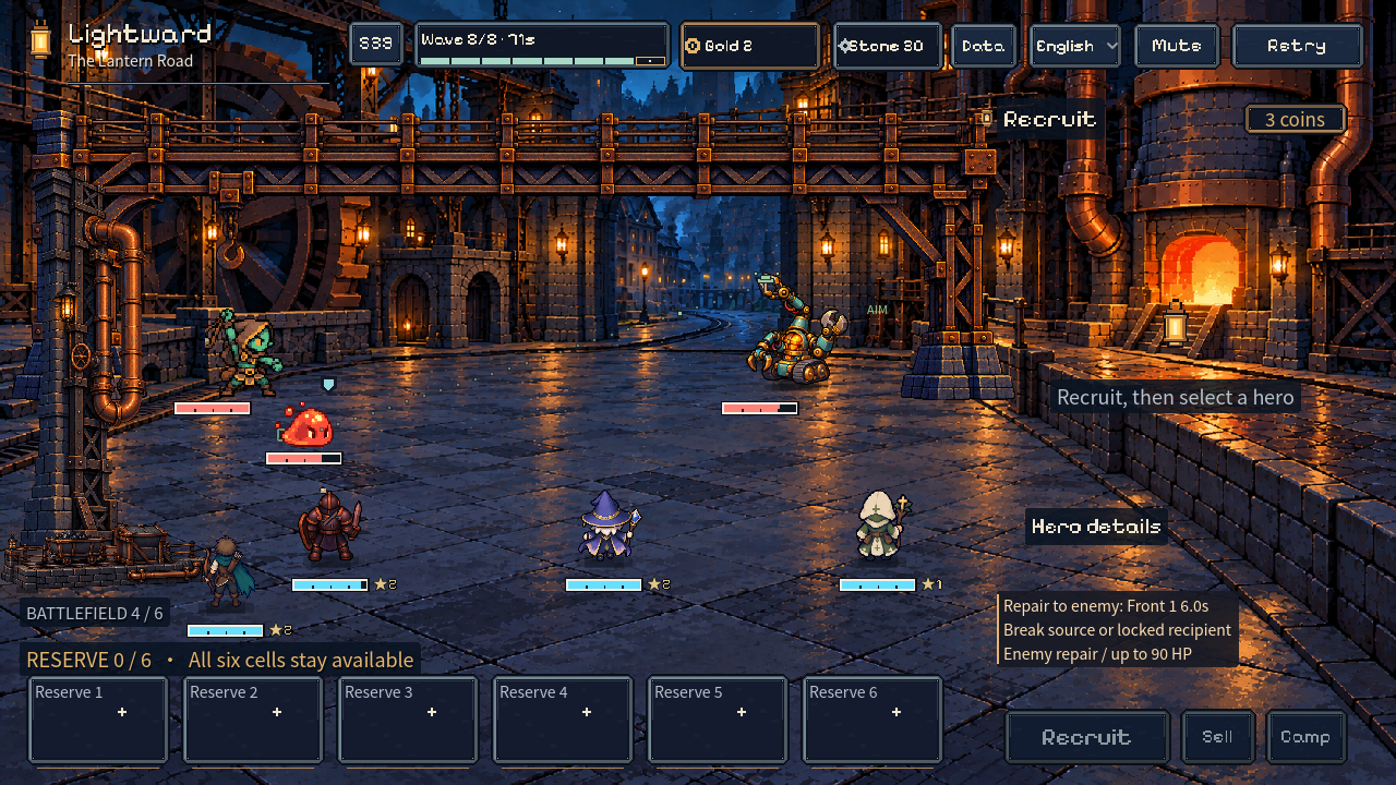 Actual native development gameplay capture in Copper City, showing the battlefield, heroes and six reserve slots.