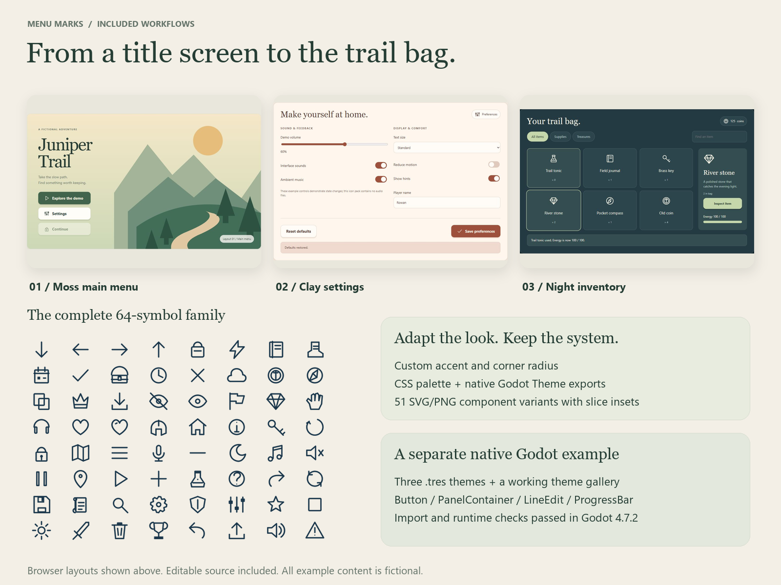 Sample Working Icon Menu Marks: a $3 cozy menu starter with 64 icons and Godot 4 themes ...