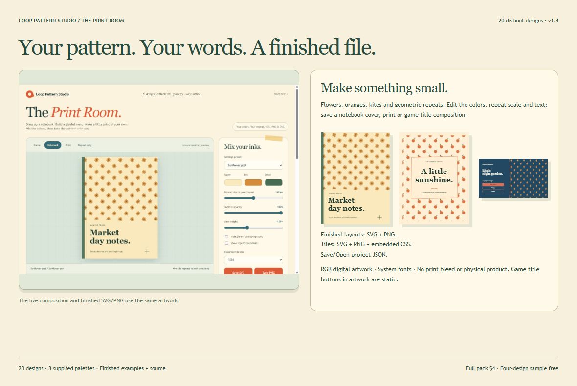 Loop Pattern Studio v1.4 editor and exported notebook, print and game title examples