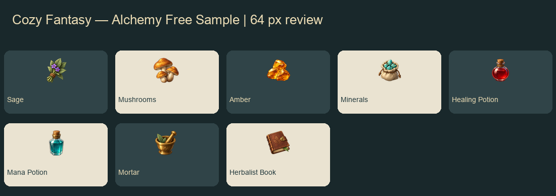 Cozy Fantasy — Alchemy Free Sample | 8 Inventory Icons by welledgecreative