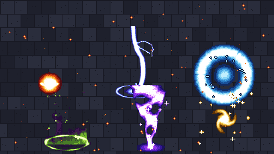 Pixel art spell effects - fire blast, lightning strike, ice nova, poison aura, arcane vortex, holy charge