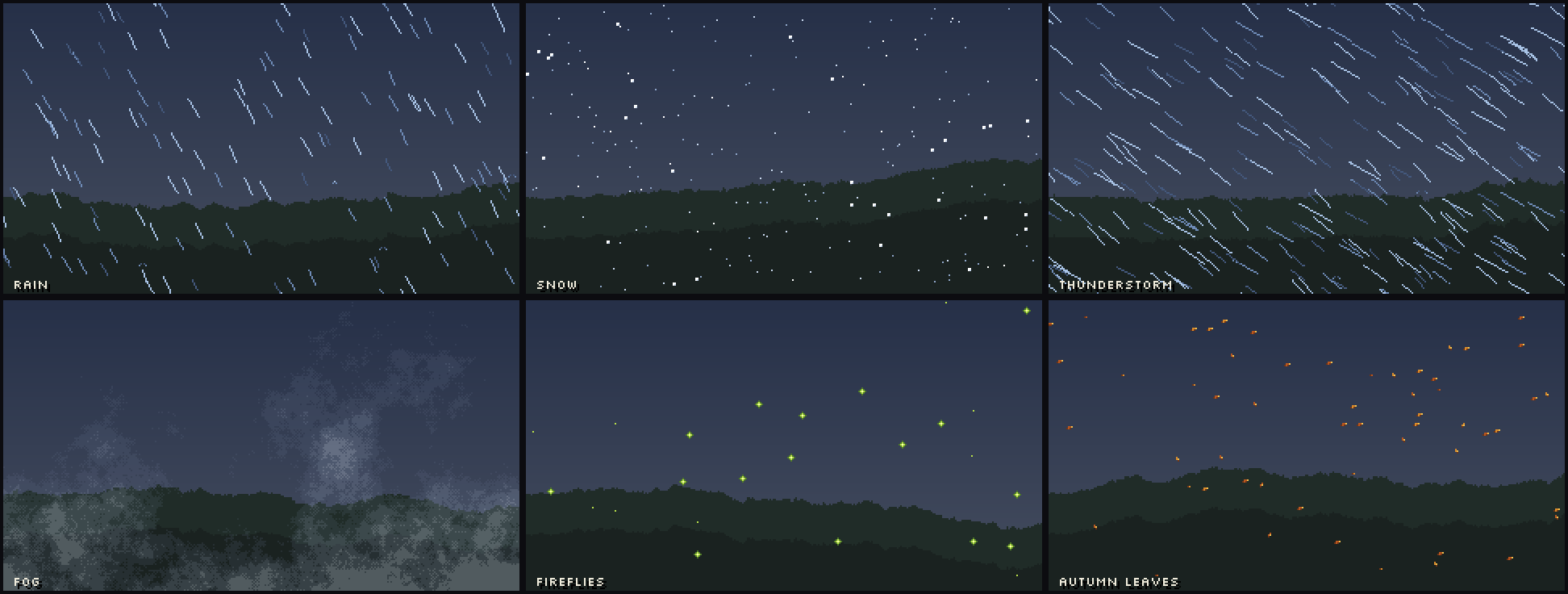 Ambient weather loops - rain, snow, thunderstorm, fog, fireflies, autumn leaves