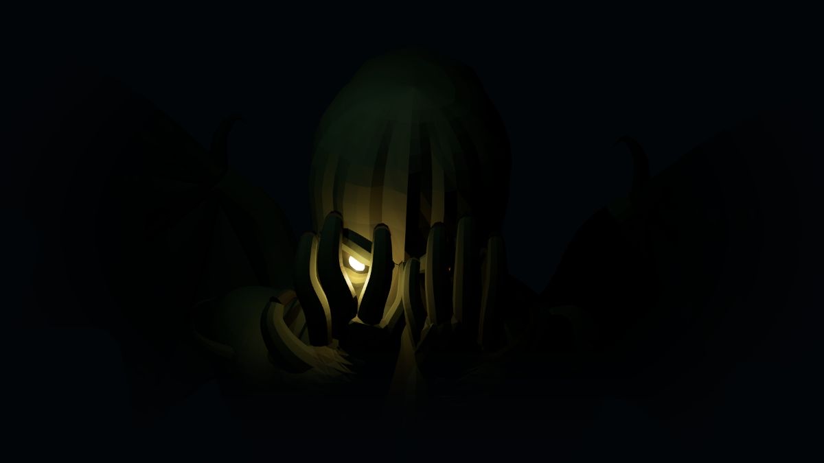A vast figure leans forward in the dark, its face lit by an amber eye.