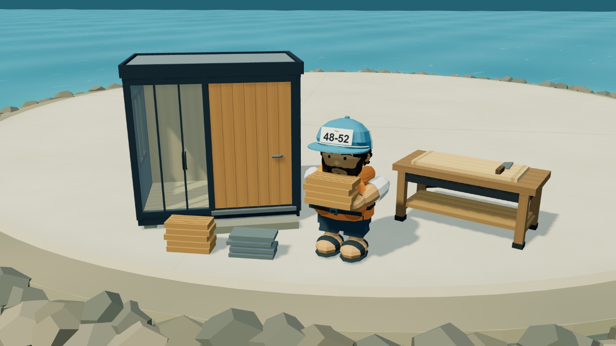 The fisherman carries salvaged timber beside the outpost and filleting table.