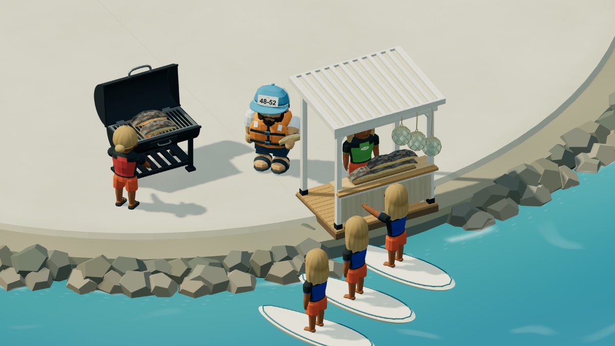 Surfers wait offshore to buy grilled fish from the island's stall.