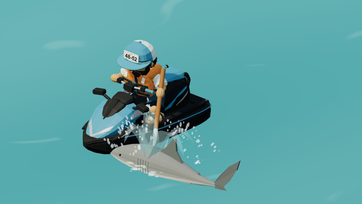Water bursts around a shark as the fisherman strikes from his jet ski.