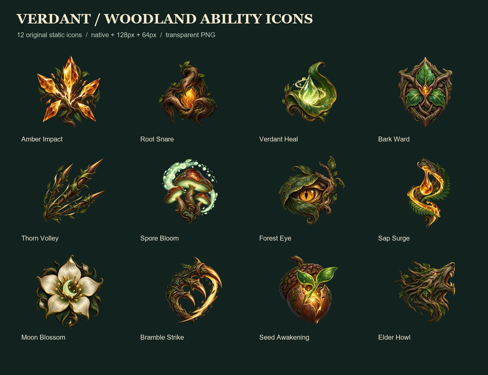 Contact sheet of the twelve included static woodland ability icons