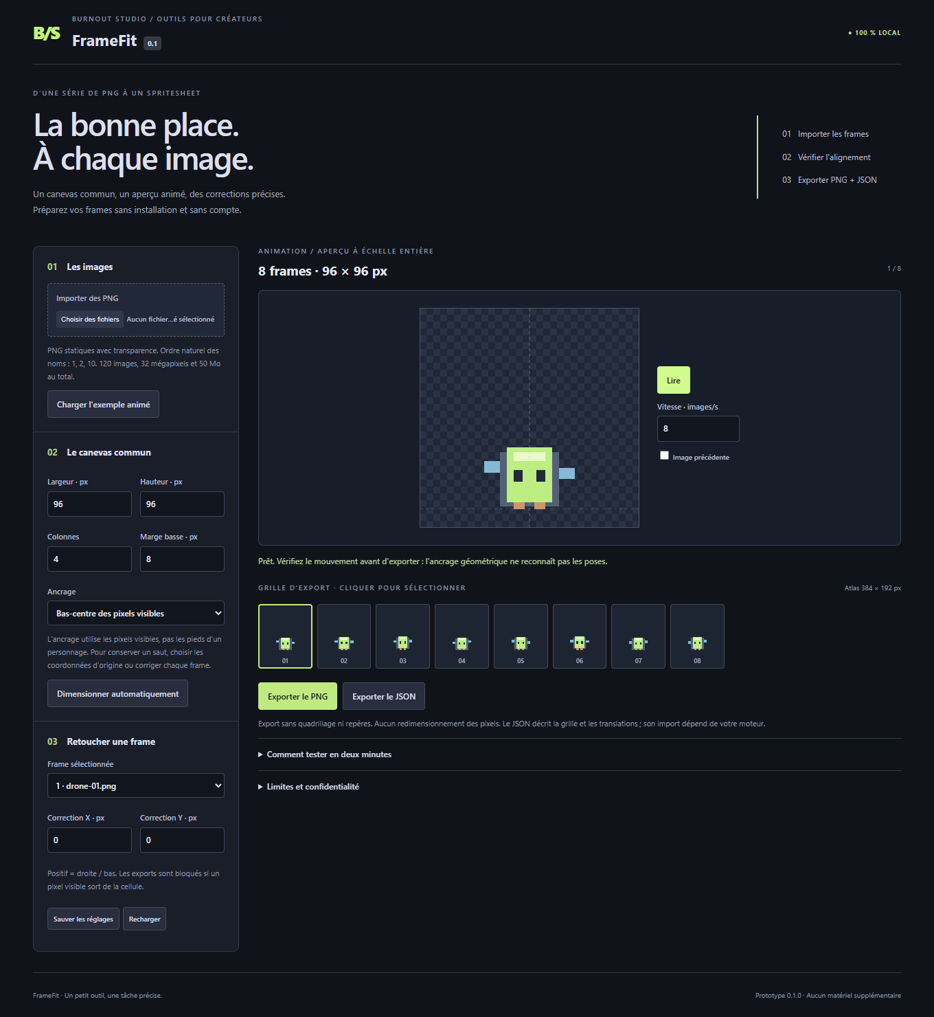 FrameFit interface showing the animation preview and frame alignment controls