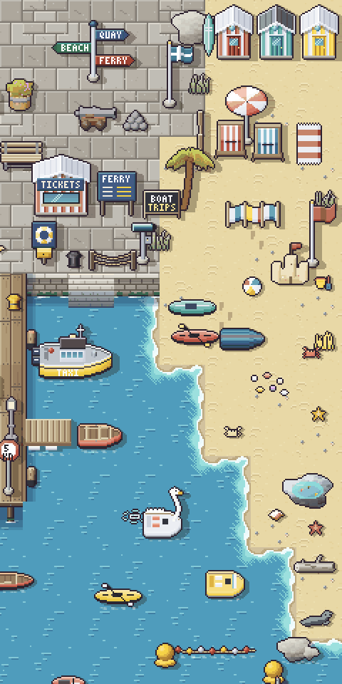 Beach with huts, deckchairs, kayaks, a sandcastle and an animated shoreline