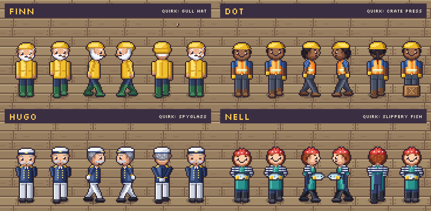 Finn, Dot, Hugo and Nell: idle, walk and quirk animations