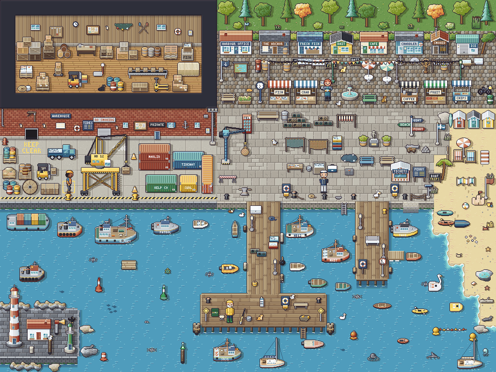 The sample harbour: warehouse, cargo yard, market square, quay, piers, lighthouse and beach