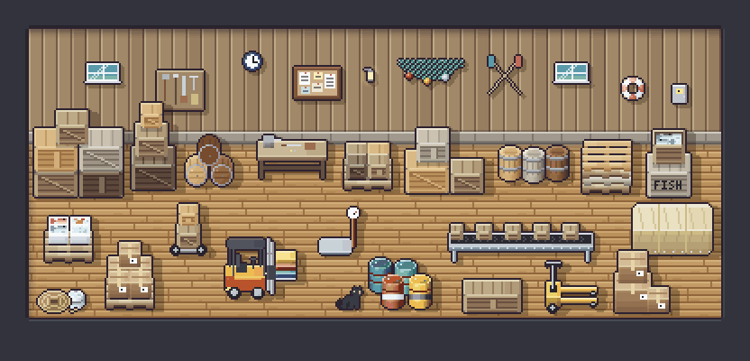 Warehouse interior with crates, pallets, conveyor and forklift