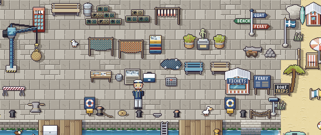 Stone quay with a jib crane, lobster pots, drying nets, benches and a ticket booth