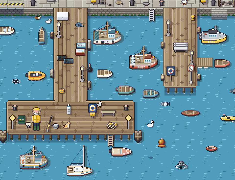 Two timber piers with moored fishing boats, rowboats, buoys and a fisherman