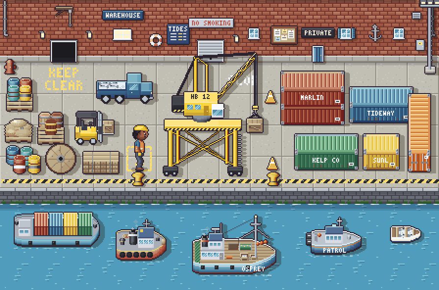 Brick warehouse front, portal crane, containers, forklift and a container barge