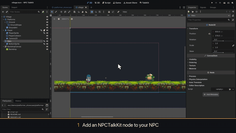 An NPCTalkKit node is added to an NPC, three lines are written in the TalkKit tab, a talking area is added, and the NPC talks in the running game