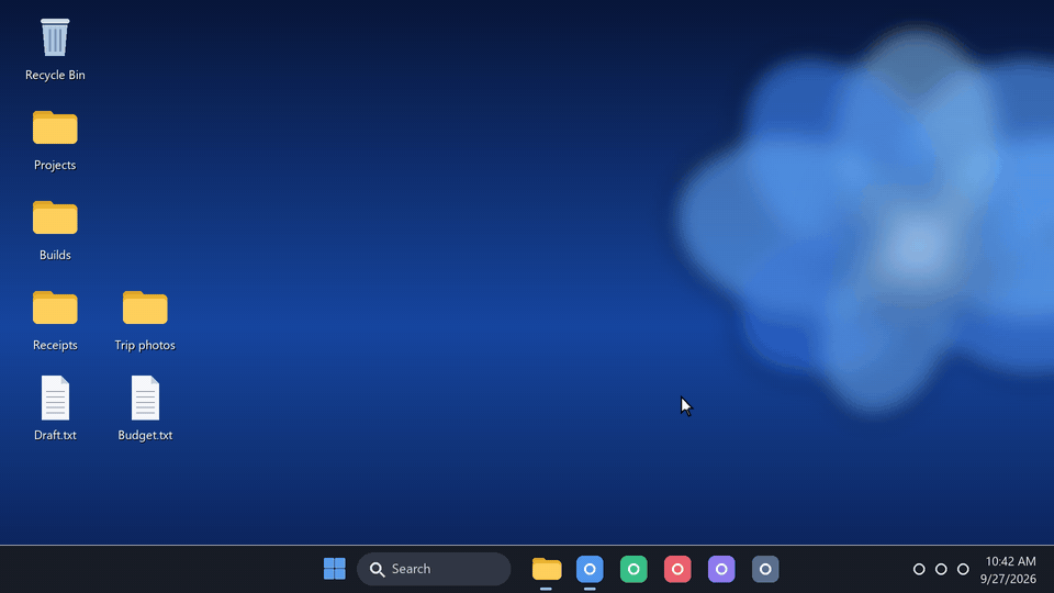 The Board: a zone is filled behind four desktop icons that stay in front, a to-do is typed, an arrow points at a folder, then the editor closes and the notes stay on the desktop.
