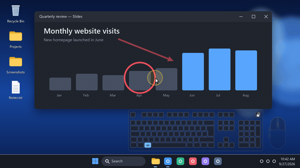 Presentation mode over a slide: a rectangle, an arrow and a circle are drawn and fade away while the mini keyboard shows the keys pressed.