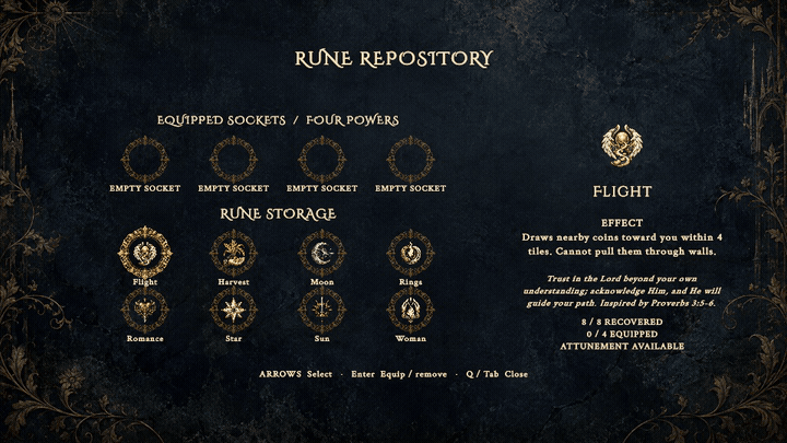 Rune repository & attunement — BABEL in-engine gameplay