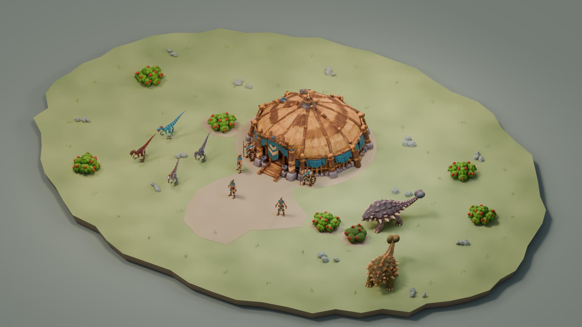 Future visual preview: expanded village with raptors and ankylosaurs