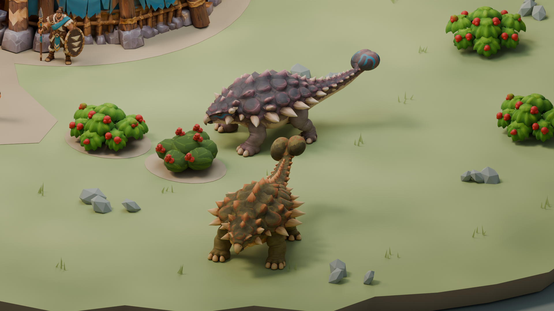 Future asset preview: grey and olive ankylosaurs