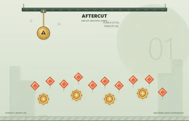 A real AFTERCUT chain reaction: one cut releases a weight and triggers four explosions.