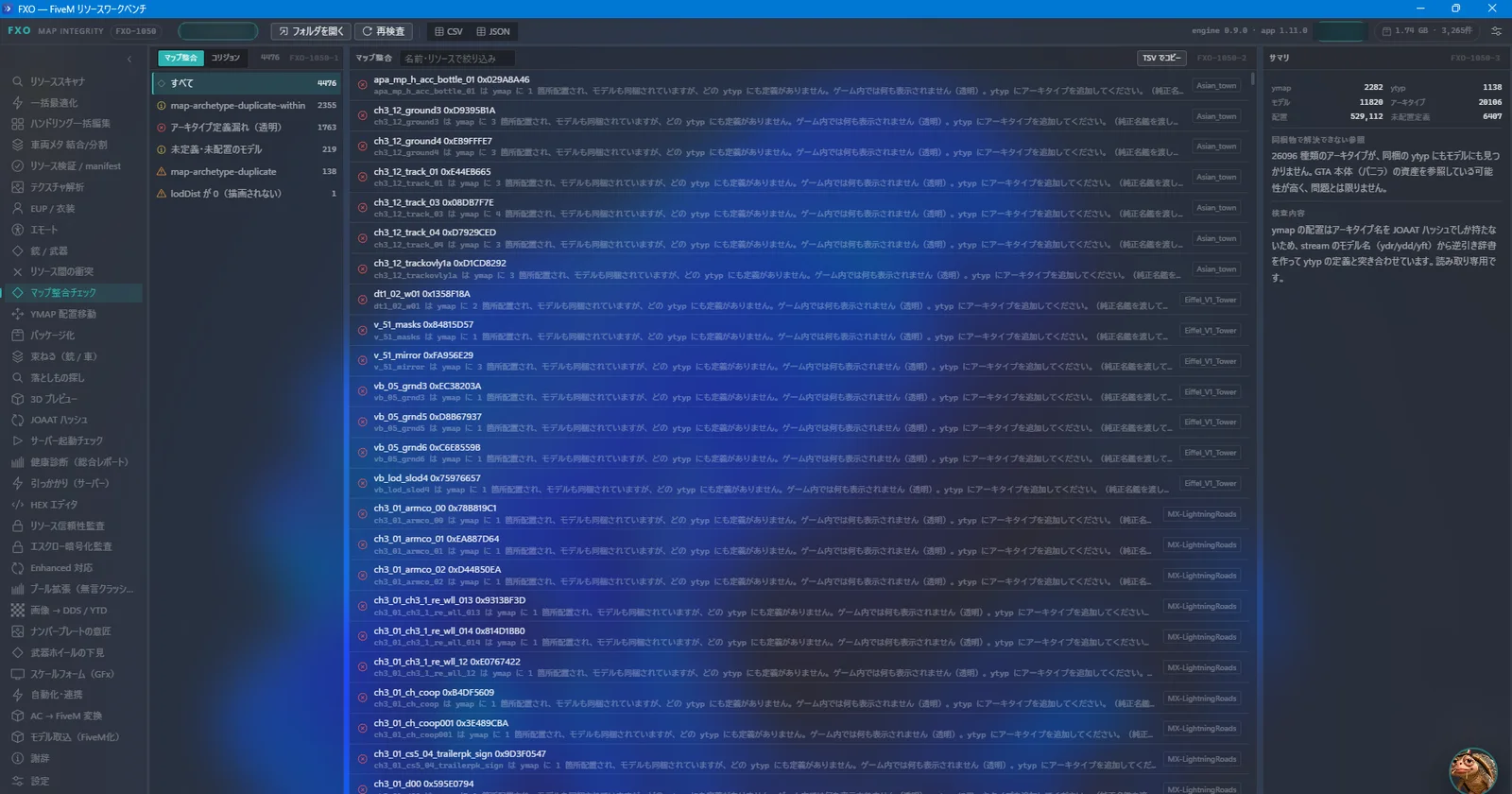 FXO map integrity check with asset references and diagnostic results