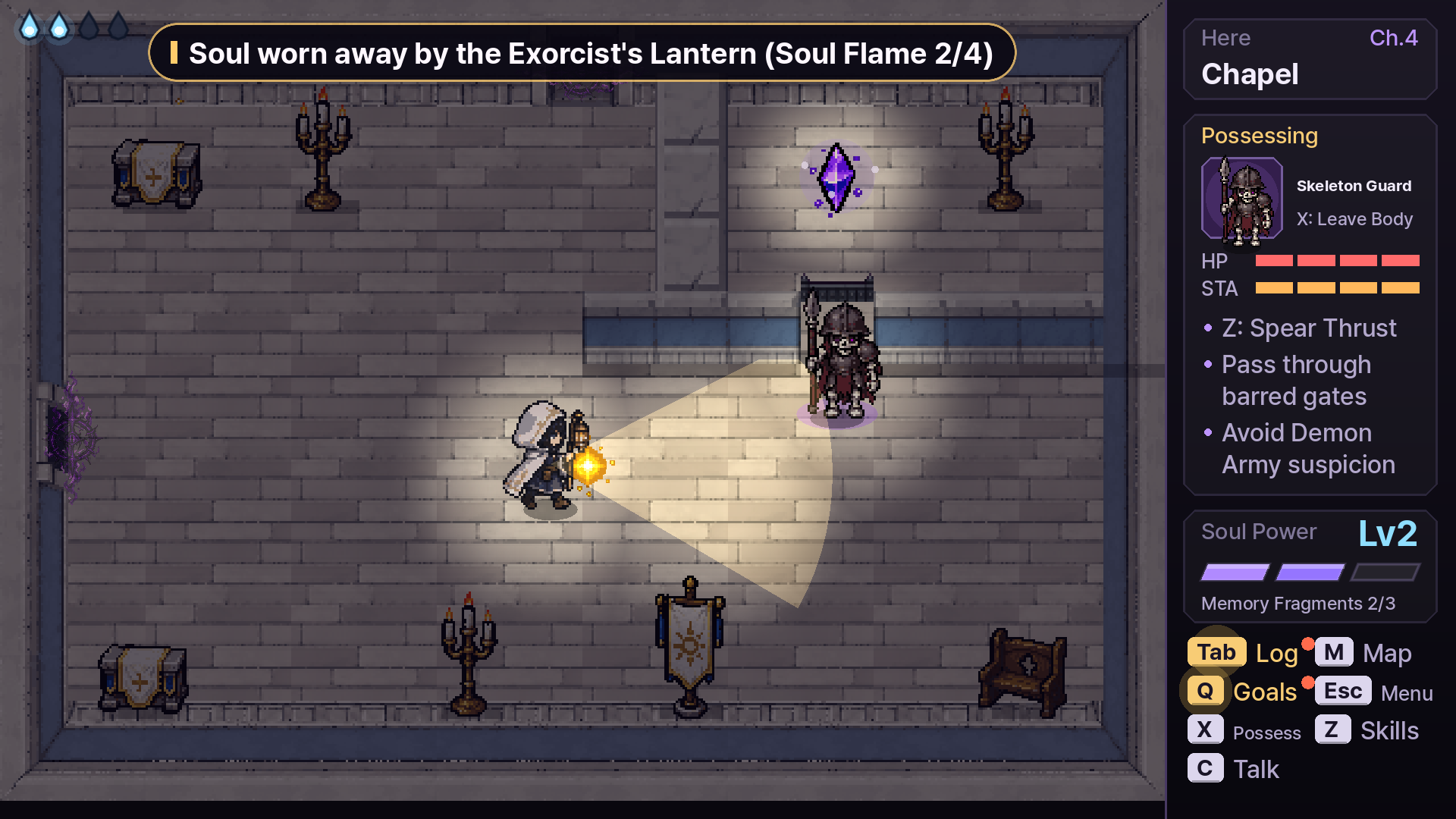 Sneaking past the Exorcist's lantern in a skeleton's bones