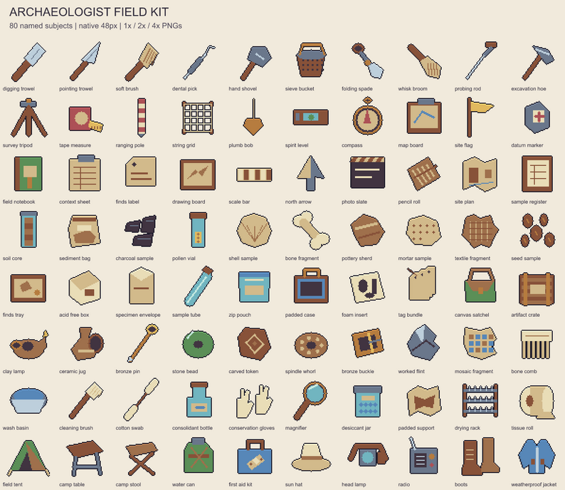 Archaeologist Field Kit - 80 Pixel Crafting Icons by Angrylol