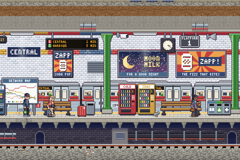 A subway station in service, with a train at the platform
