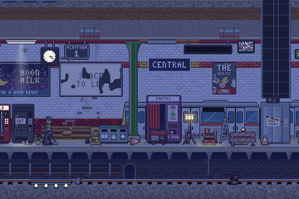 The same station after hours, dark and closed