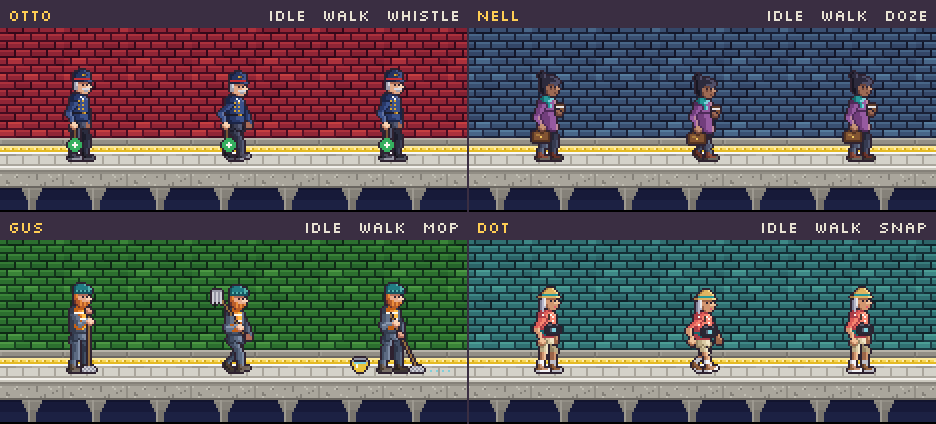 Four commuters with idle, walk and quirk animations
