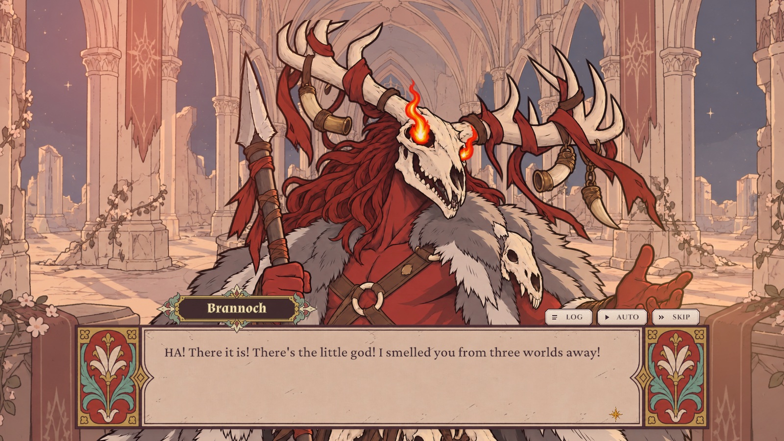 Screenshot: Brannoch, the Red Stag, bursts into the Hall.