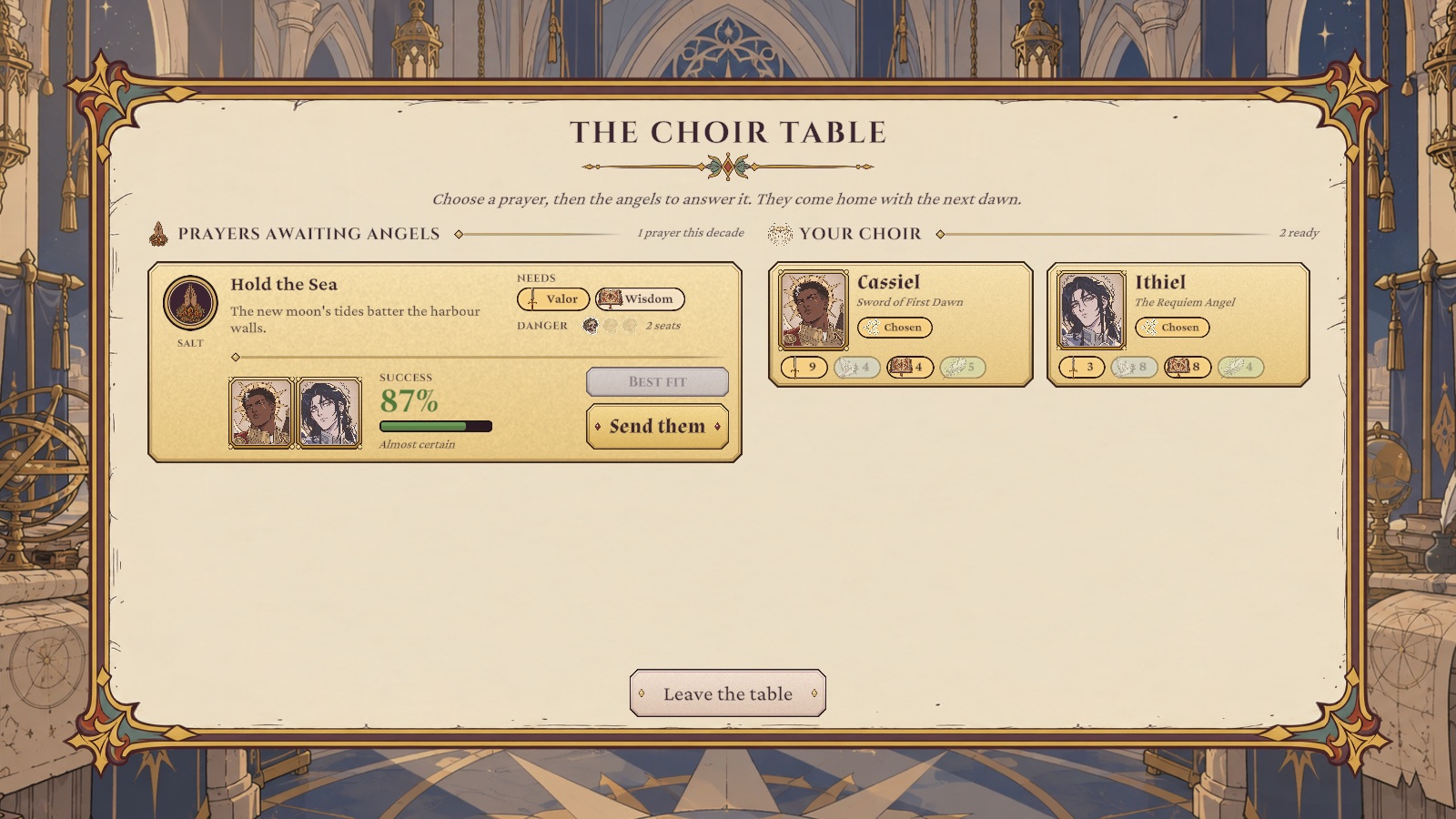 Screenshot: the Choir Table, where you send angels to answer prayers.
