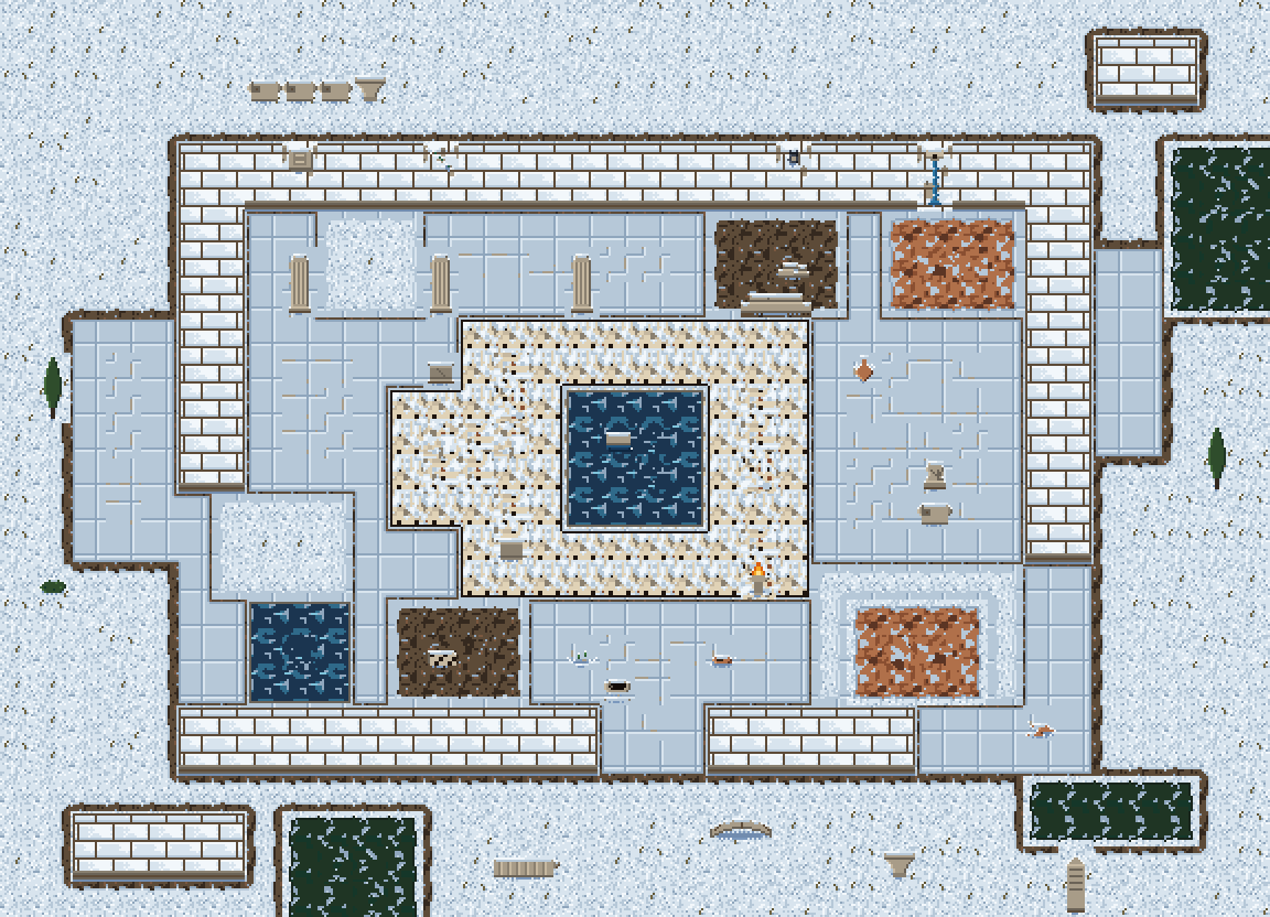 Frost Ruins tiles and the courtyard map under snow