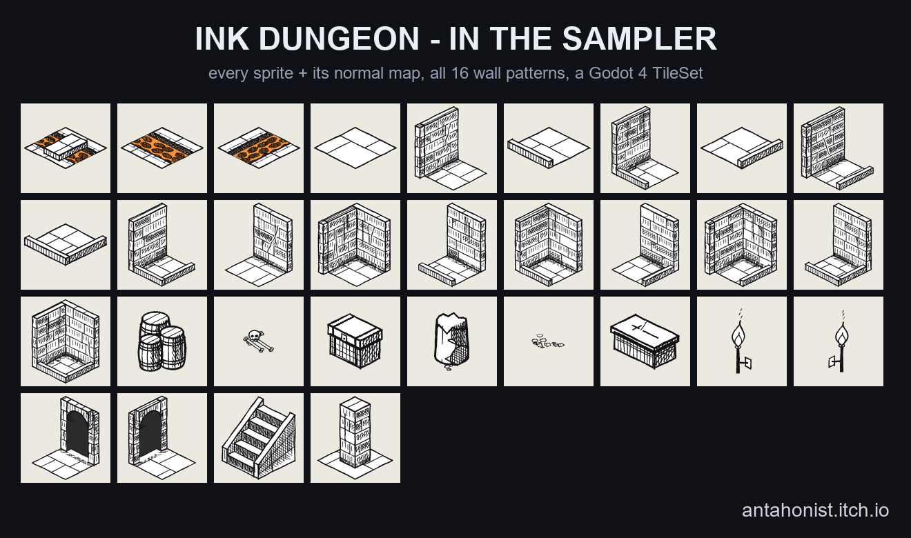 FREE Ink Dungeon Sampler - Godot Iso Tiles by Antahonist