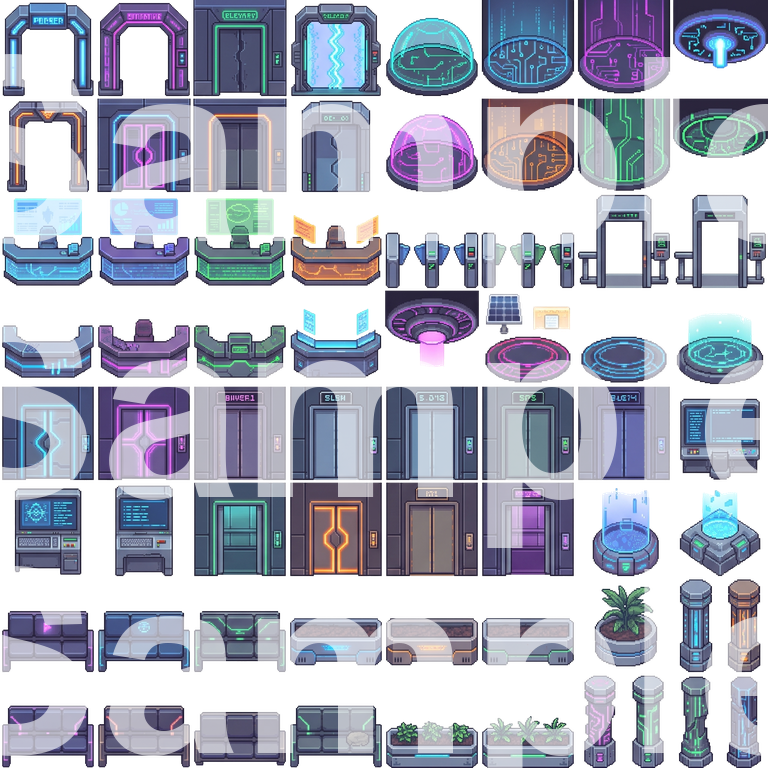 Cyberpunk Megabuilding Lobby Top‑Down Pixel Art Tileset by Cute SCKR