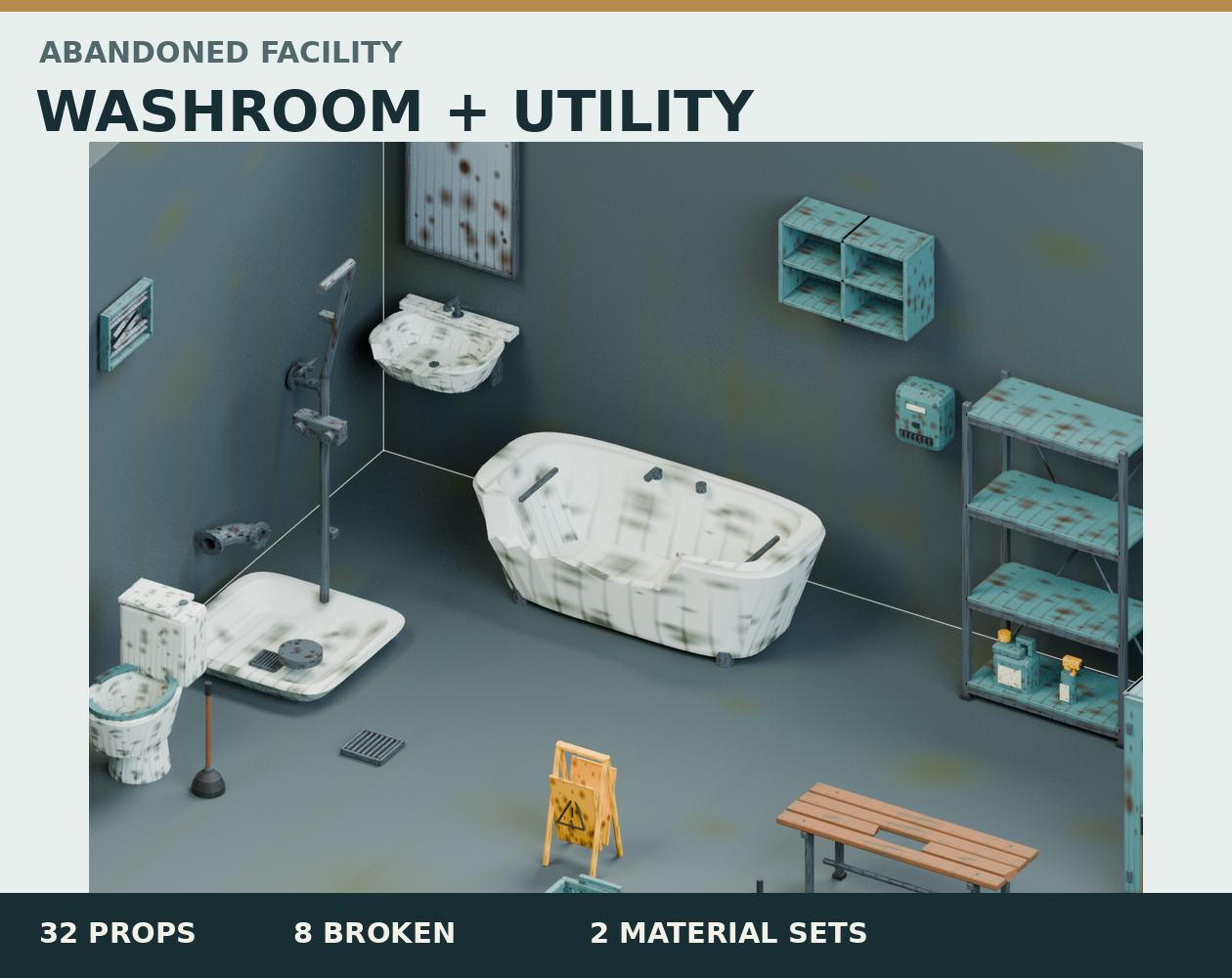 Washroom & Utility: 32 static 3D props, matched operating/abandoned ...