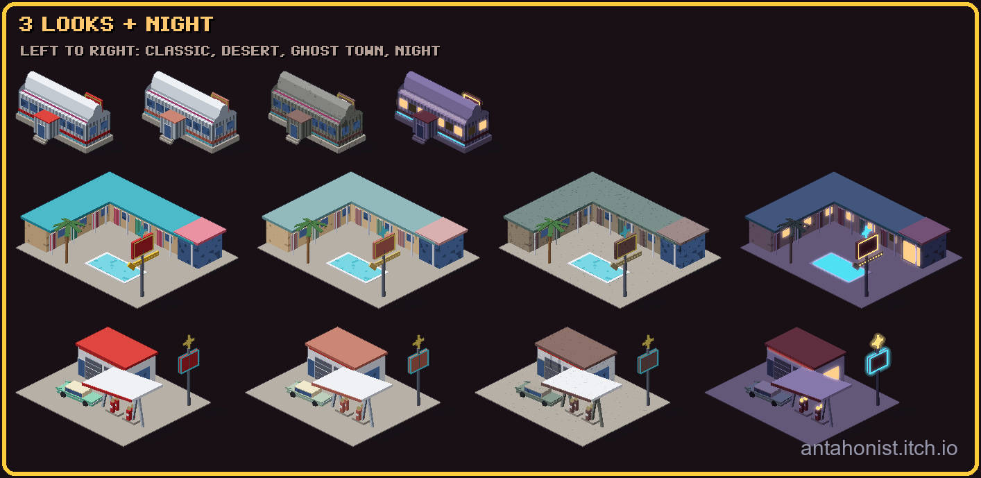 Route 66 - 1950s Roadside Town Pixel Buildings by Antahonist