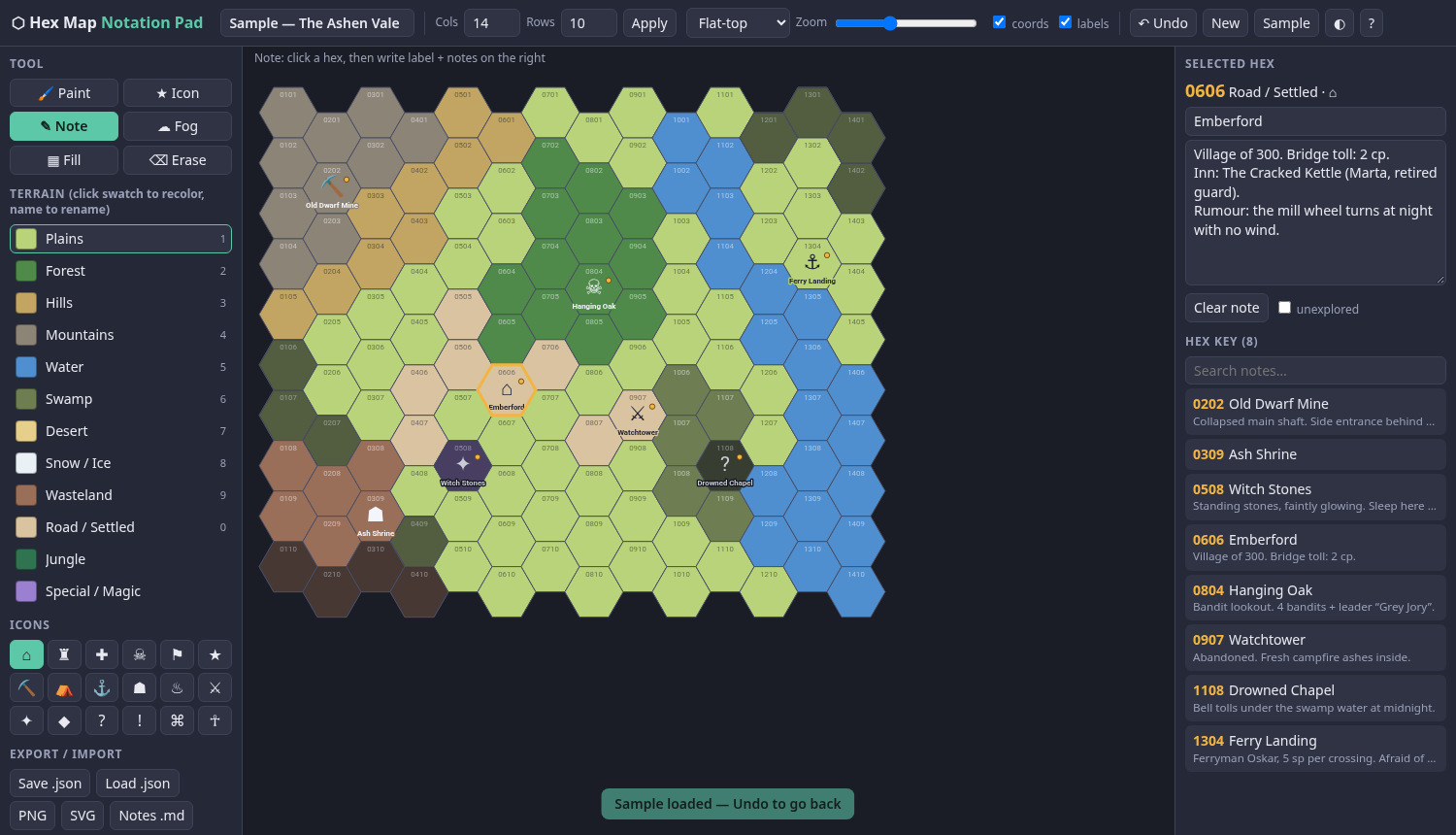 Hex Map Notation Pad — Offline Hex Map Editor with Notes (HTML) by ...