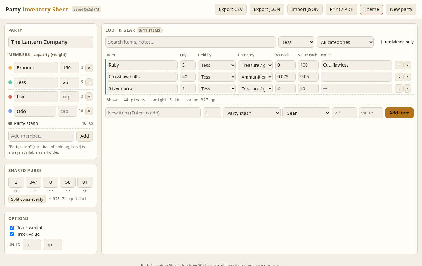 Html Tag Sheets Party Inventory Sheet — Offline Shared Loot & Gear Tracker for TTRPGs ...
