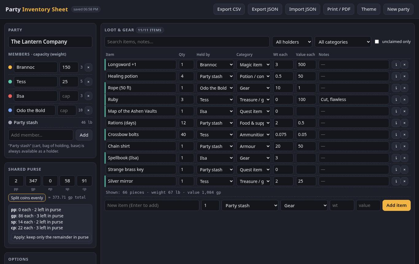 Html Tag Sheets Party Inventory Sheet — Offline Shared Loot & Gear Tracker for TTRPGs ...