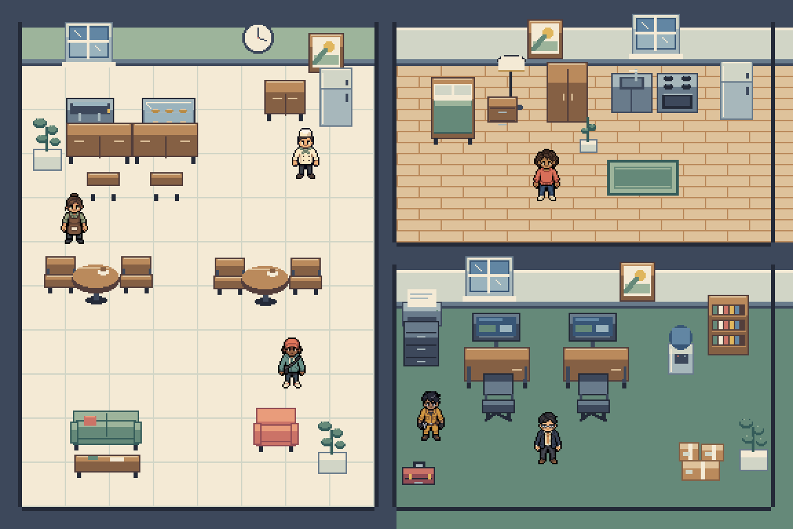 Modern Rooms & People — Free Pixel Art Asset Pack by HappyHustle