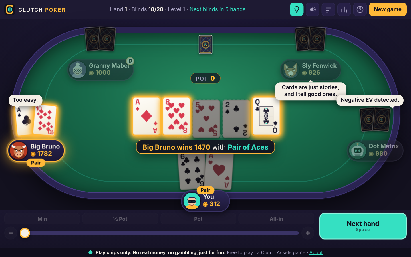 Clutch Poker - Free Texas Hold'em (play chips only) — official gameplay screenshot