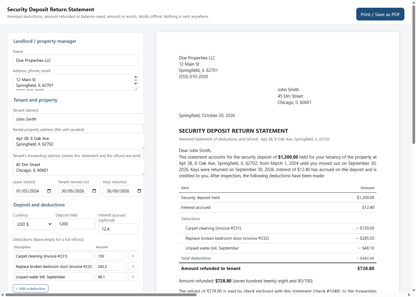 Security Deposit Return Statement: itemized deductions letter that ...