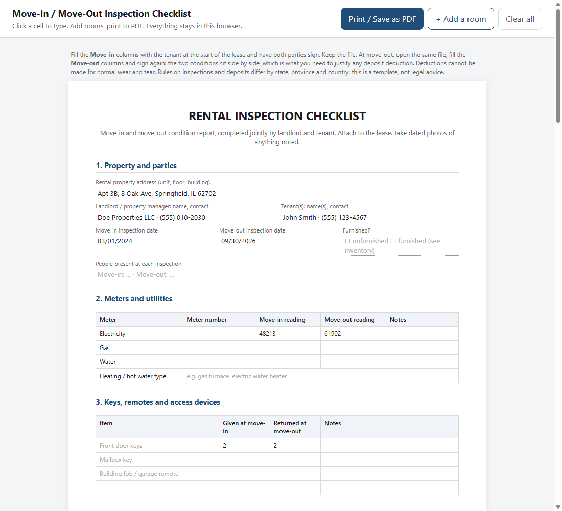 Move-In / Move-Out Inspection Checklist: room-by-room condition report ...