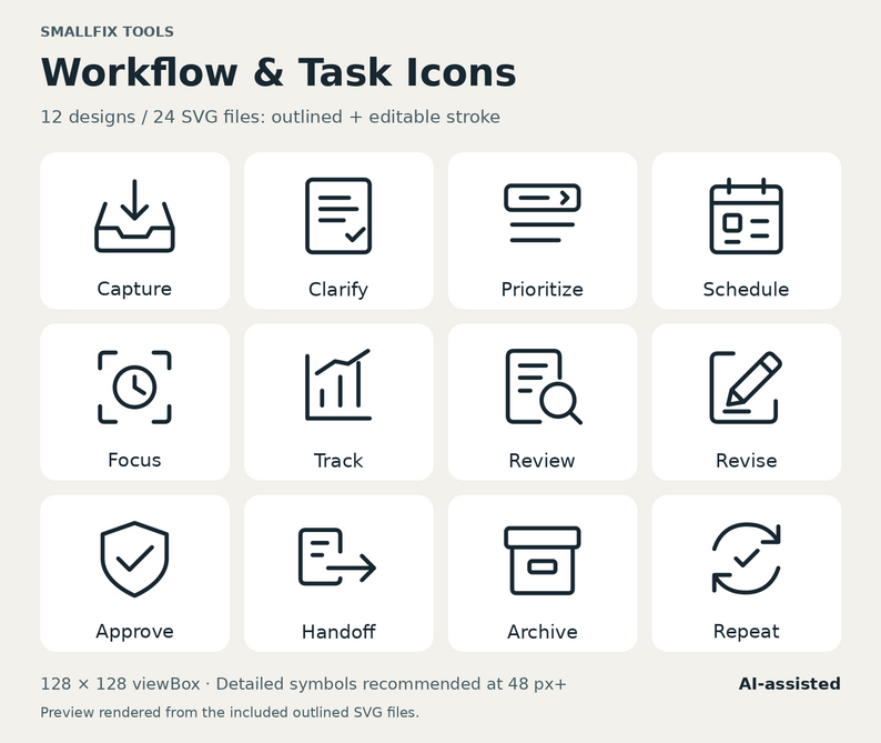 Workflow & Task Icons — 12 Editable SVGs by SmallFix Tools