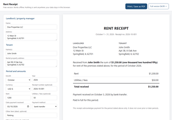 Free Rent Receipt Generator: fill, print to PDF, works offline (no sign ...