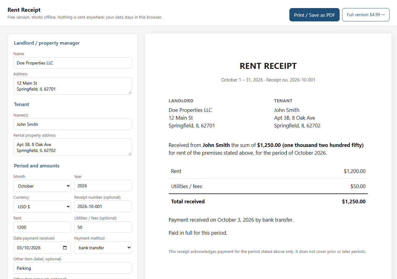 Free Rent Receipt Generator: fill, print to PDF, works offline (no sign ...
