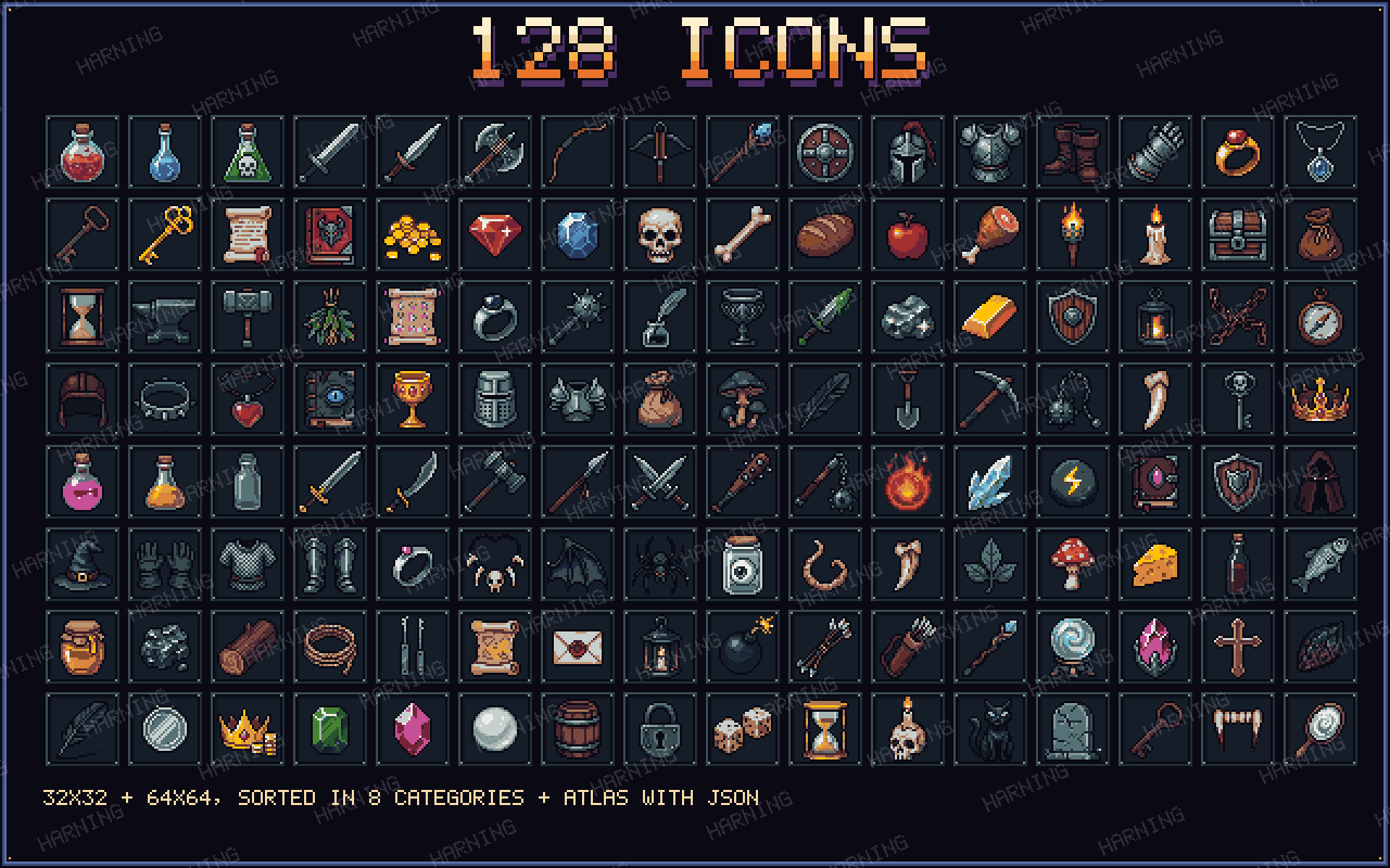 Dark Castle UI – Gothic Pixel Art Interface & 128 Icons by Harning